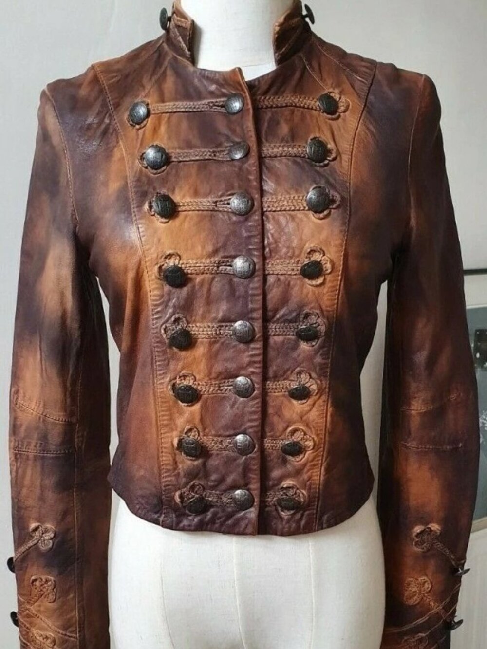 All Saints Spitalfields Brown Leather Brocade Military Jacket - Picture 1 of 2